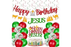 LEVVCIRKI 37 Pcs Happy Birthday Jesus Decorations Christmas Jesus Banner Cake Topper Hanging Swirls Balloons Christian Winter Merry Christmas Holiday Cross Bell Jesus's Bday Party Supplies