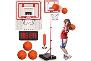 ETERFUN Indoor Mini Basketball Hoop with Scoreboard & Timer, Kids Toddler Adjustable Height 3ft-5.8ft Stand Basketball Hoop Goal Toy for Outdoor Backyard,Sports Game for Boys Age 3-12