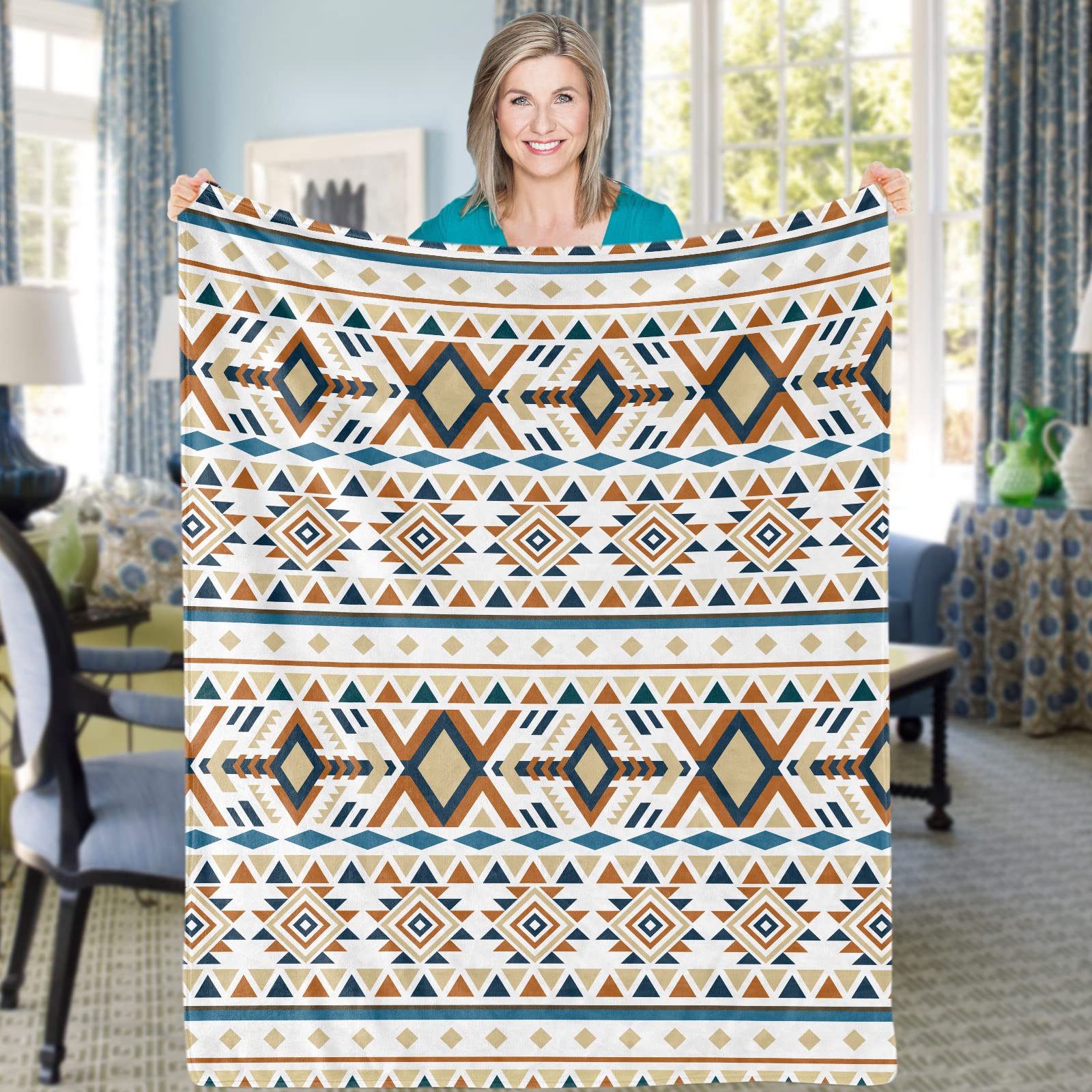 Domgoge Bohemian Blanket Throw, Aztec Navajo Throw Blanket, Cozy Beige Fleece Tribal, Soft Flannel Tan Vintage Boho Fluffy Geometric Ethnic Blankets Adults Gifts, 150x200cm, Boho-beige (TR-49)