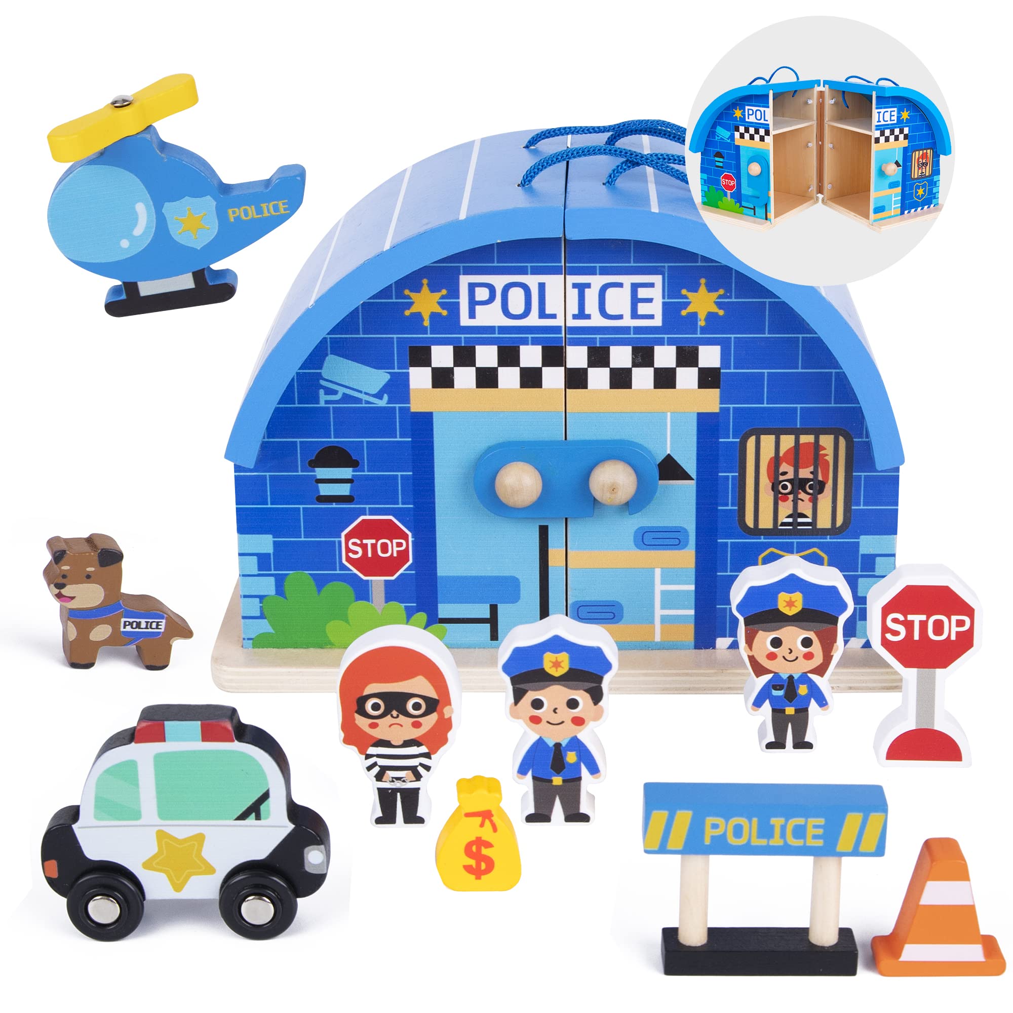 Woody Treasures Wooden Toys - 10-Piece Police Station Playset for Kids 3 Years & Up - Children's Interactive Role Play / Pretend Play - Toddler Toys for Boys & Girls - with Carry Case