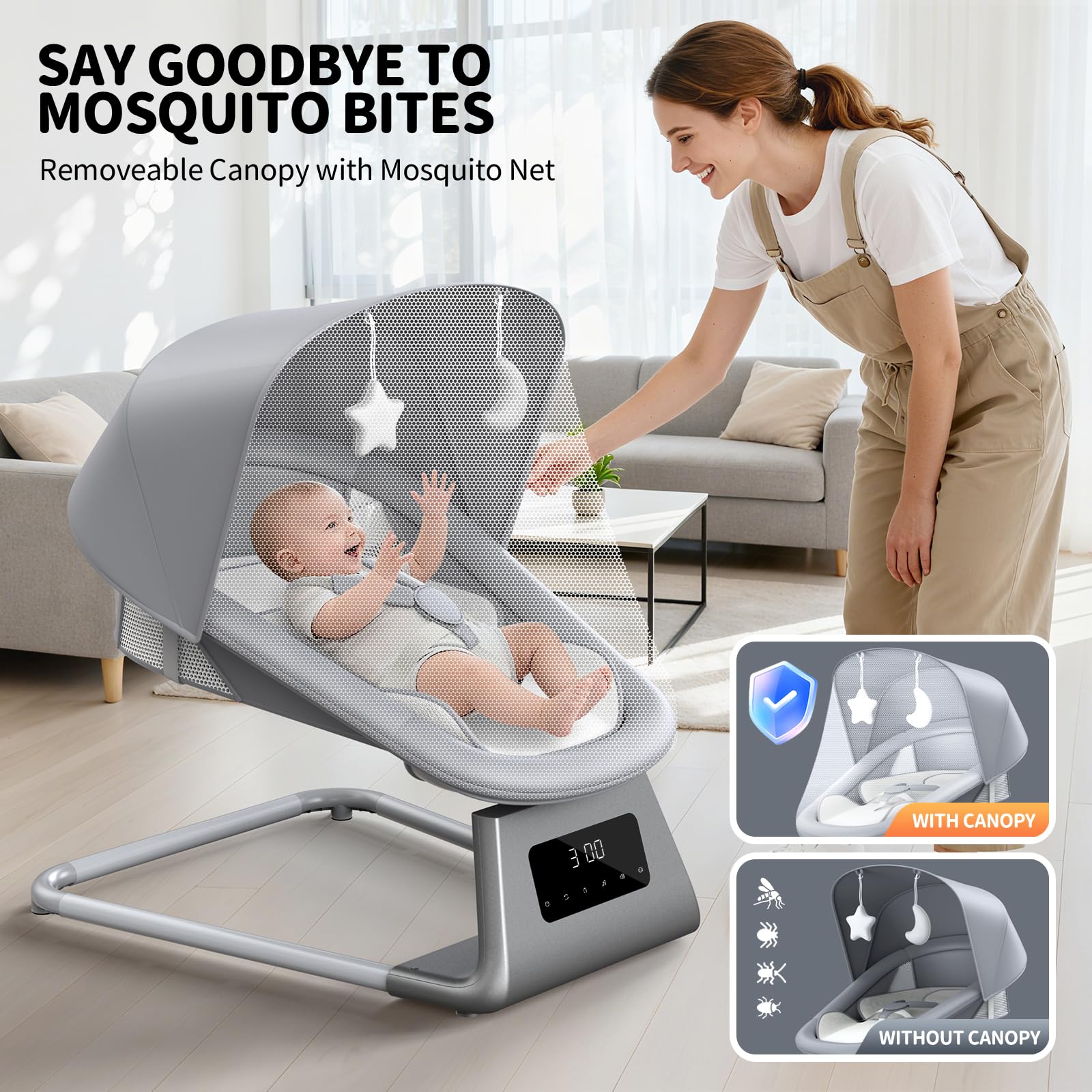 pudult Baby Swing, Electric Baby Rocker for Newborns with 3 Timer Functions, 5 Rocking Speeds, 11 Preset Lullabies and Bluetooth, 5-Point Harness, Suitable for Babies 0-6 Months, Up to 30 lbs