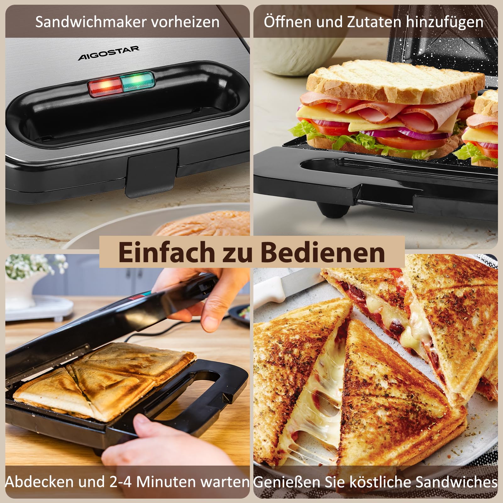 Aigostar Sandwichmaker für 2 Sandwiches, Sandwichtoaster mit Antihaft-Keramikbeschichtung, automatische Temperaturregelung 180-200℃, Kontrollleuchten, Cool-Touch-Griff, 750W, Edelstahl/Schwarz 2