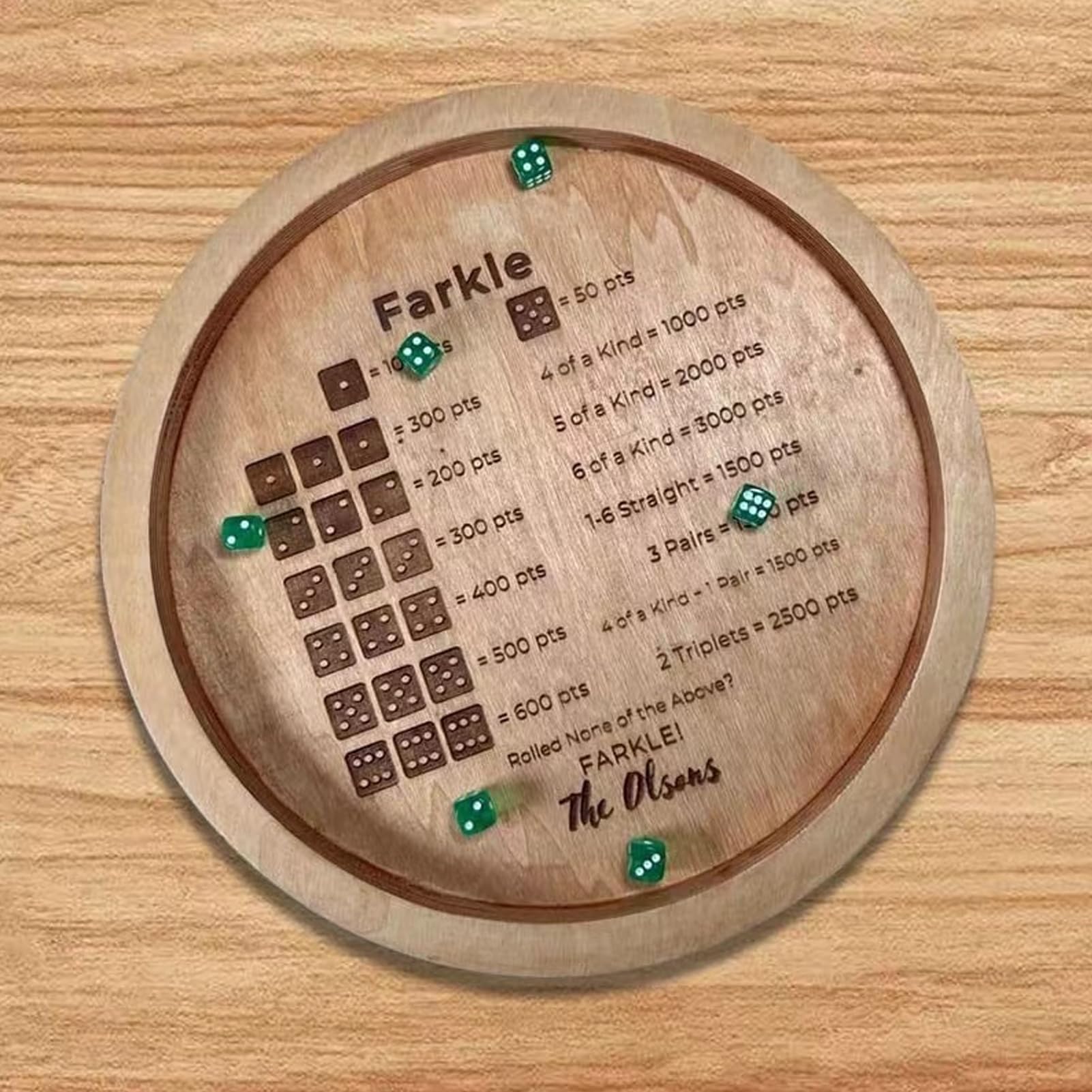 Farkle Dice Tray,Farkle Classic Wooden Dice Game with 6 Dice Improve Math Skills Classic Dice Game Tray Board Gift for Family Game (Round 30cm)