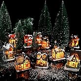 Soaoo 10 Pcs Christmas Village Sets Village Houses with Figurines LED Lighted Christmas Figurines Battery Operated Collectible Buildings for Desktop Ornaments Landscape Decor