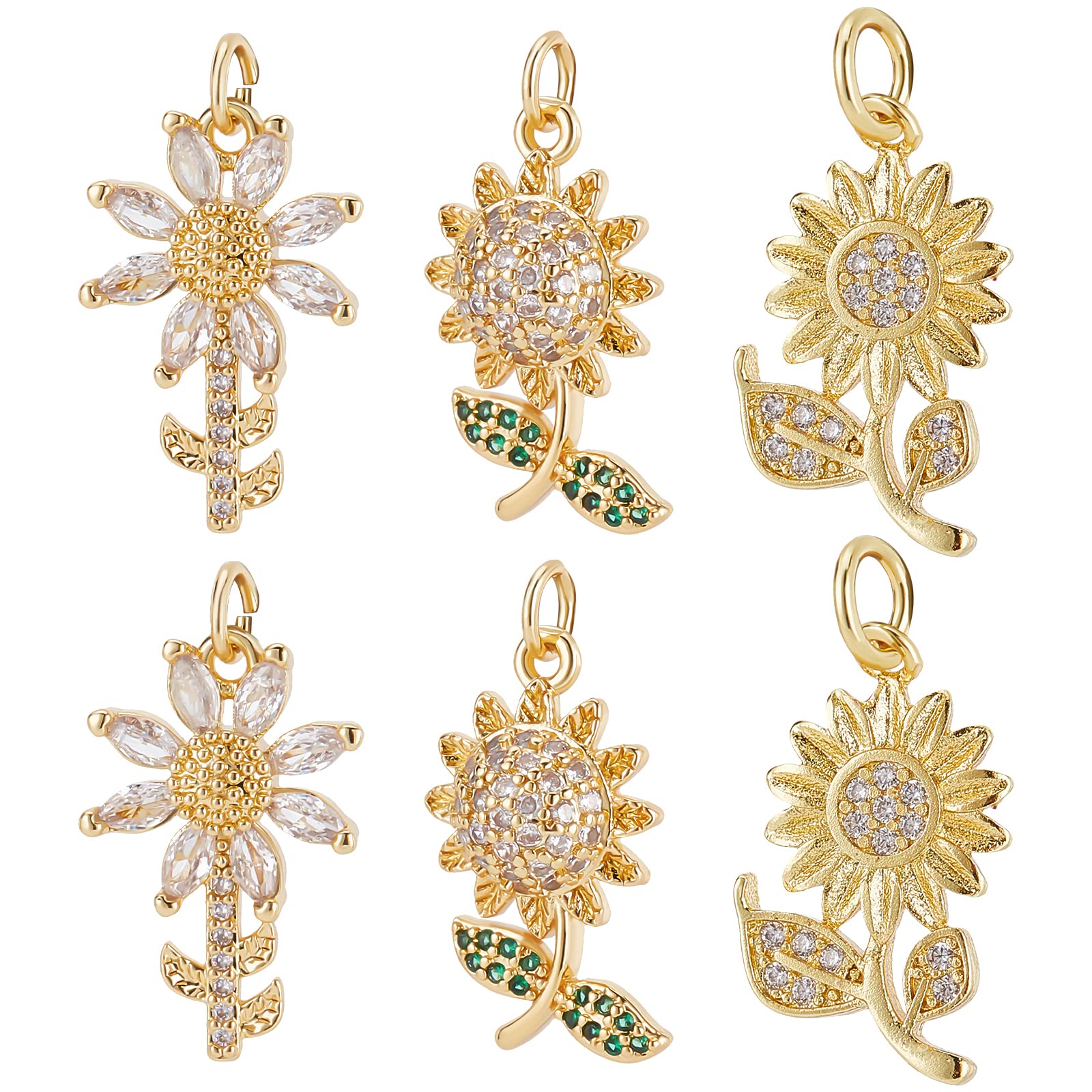 Beebeecraft 12Pcs/Box 3 Style Cubic Zirconia Sunflower Charms 18K Gold Plated Brass Flower Charms with Jump Ring for DIY Jewelry Earrings Necklace Bracelet Making Finding