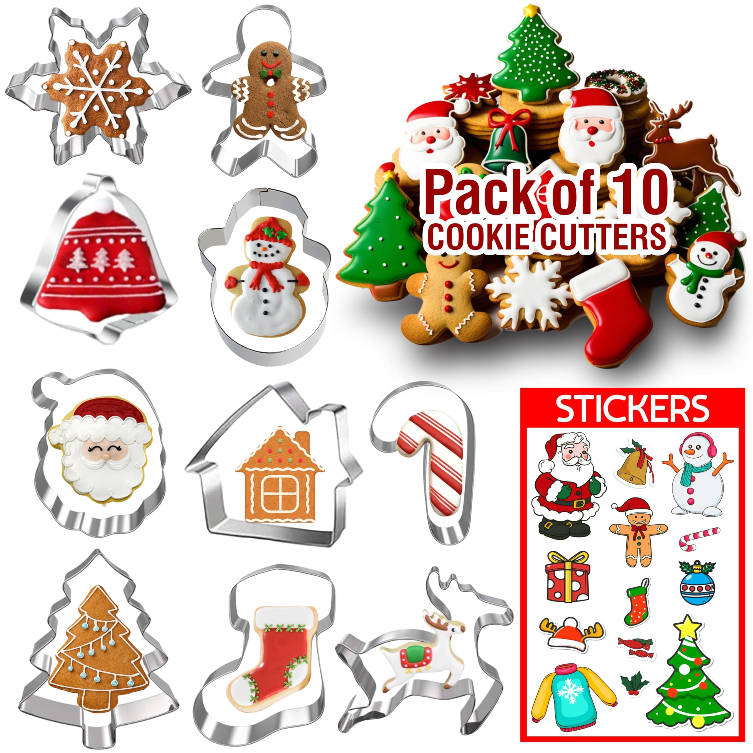 10 Pcs Large Christmas Cookie Cutters Stainless Steel, Holiday Cookie Cutters Christmas set Include Tree Skirt, Ginger Man, Snowman, Reindeer, Snowflake, Santa Head, Candy Stick, Stocking, Bell, Home.