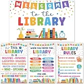 Lalunia 4 Pcs Library Rules Poster (11"x16") - Classroom Library Decorations for Librarian, Media Room, Back to School Educational Posters, Library Bulletin Board Sets, Reading Corner Decor