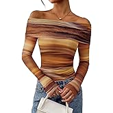 PRETTYGARDEN Womens Tops 2026 Spring Off The Shoulder Long Sleeve Fitted Y2k Shirts Floral Ruched Mesh Going Out Outfits