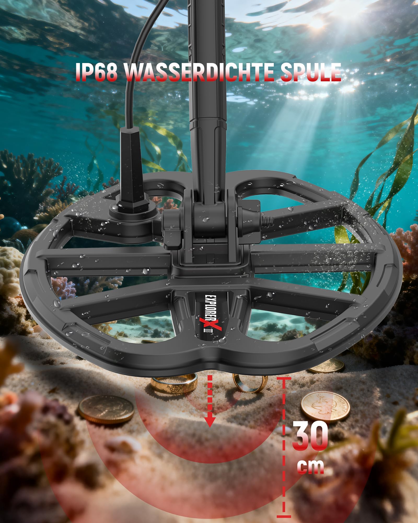 KAIWEETS Metalldetektor Profi, wasserdichte Doppel-D-Spule, 5 Modi Goldsuchgerät mit Upgrade Teleskopstange, Wiederaufladbarer Akku, Pinpointer, Verbesserter Grabungsmesser, Regenabdeckung (Rot) 8