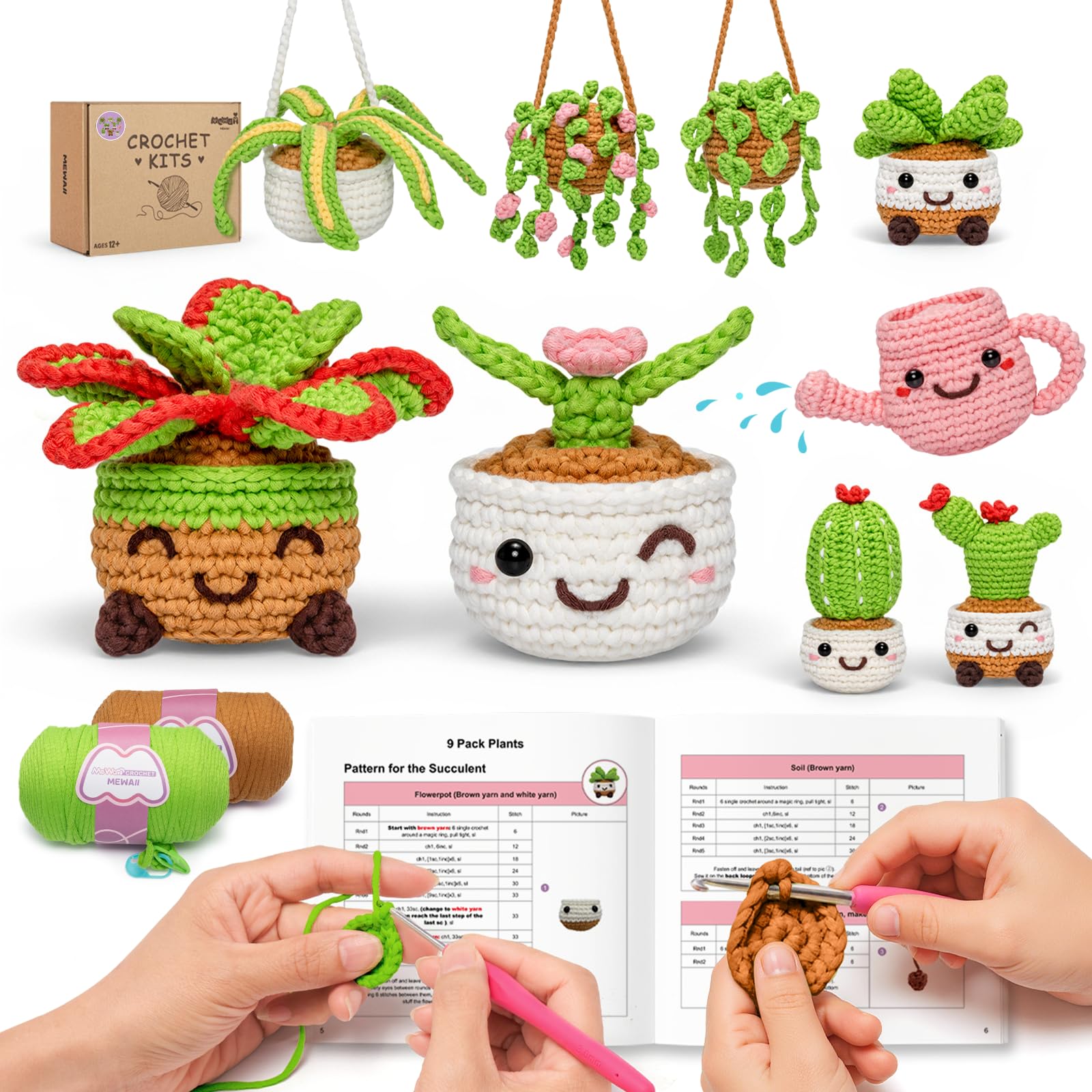 Photo 1 of Mewaii Crochet Kit for Beginners,9PCS Crocheting Plant Kit with Step-by-Step Video Tutorial,DIY Easy Knitting Kit with 40% Extra Peasy Yarn for Adults & Kids