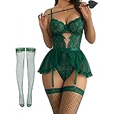 Alrovetoney Women Lingerie with Garter Belt 4pcs Set Lace Contrast Mesh Bodysuit Ruffle Garter Belt Skirt With Stockings