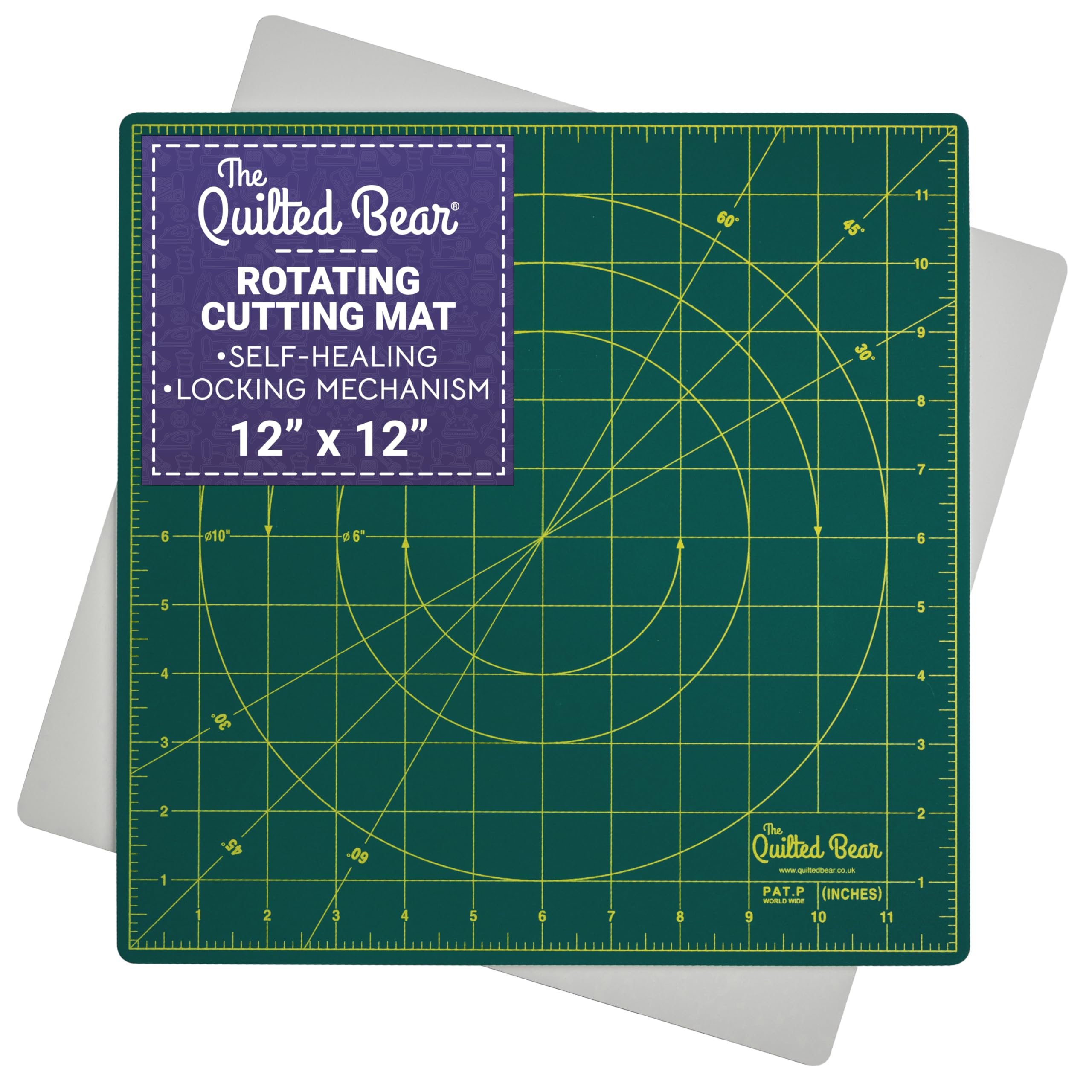 The Quilted Bear Rotating Cutting Mat 12" x 12" - Square Self Healing 360° Rotating Craft Cutting Mat with Innovative Locking Mechanism for Quilting & Sewing Your Choice of Colours Available! (Green)