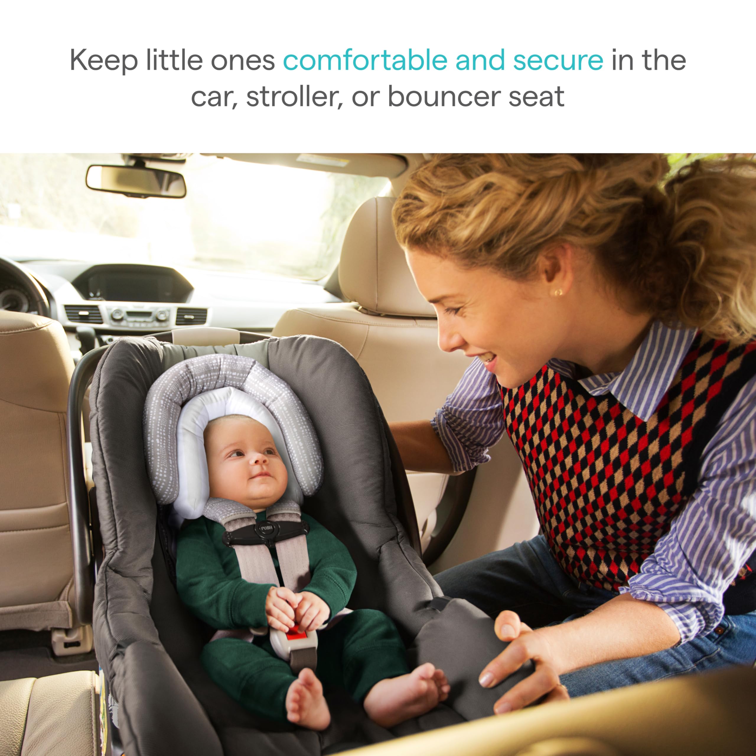 Munchkin Car Seat Head Support Baby, Infant and Newborn, Fabric Strap Covers, Silver-Ion Technology, Dots