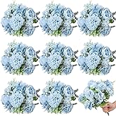 Lyrow 8 Pcs Peony Artificial Flowers Fake Silk Hydrangea Bouquet Elegant Peony Flowers for Wedding Decoration Faux Realistic Floral for Home Party Table Centerpieces Arrangement (Blue)