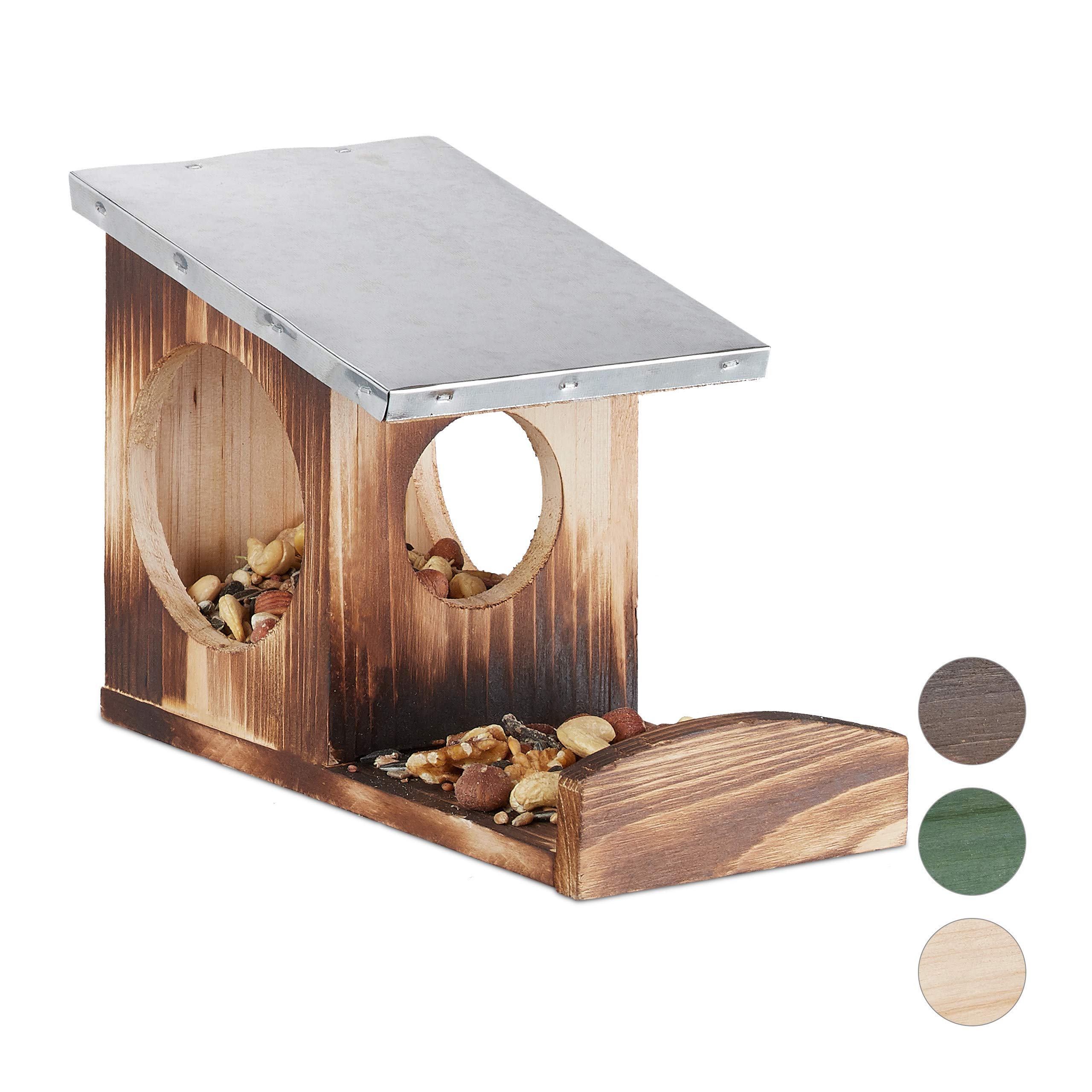 Relaxdays Squirrel Feeder, Wooden House, Weatherproof Metal Roof, Hanging, Garden Feeding Station, Flamed