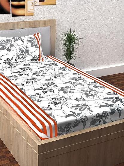 Story@Home 208 TC 100% Cotton Spark Collection Floral Pattern 1 Single Bedsheet with 1 Pillow Cover - White