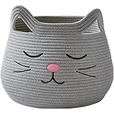 OMERAI Animal Baskets Cotton Rope Storage Basket Woven Toy Basket Large Basket for Blankets Cute Cat Toy Box with Handles Foldable Animal Laundry Basket Nursery Organizer, 15"D x 12.6"H