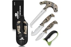 Mossy Oak Field Dressing Kit, 4 Pcs Camouflage Hunting Knife Set with Sheath, Gut-Hook Skinner, Caping Knife, Wood/Bone Saw, Knife Sharpener, for Deer Hunting, Camping, Perfect Hunting Gifts for Men