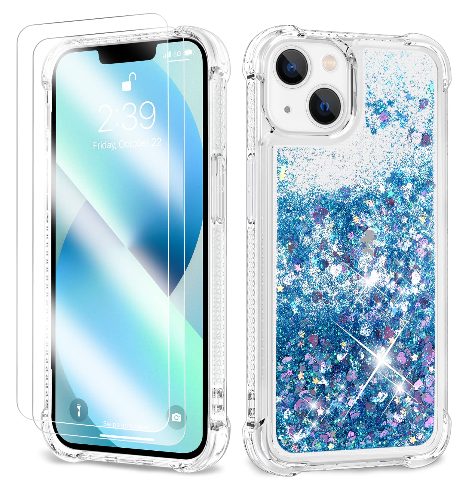 ANSHOW iPhone 15 Plus Case - Glitter, Shockproof Clear TPU with 2 Screen Protectors, Bling Blue Glitters