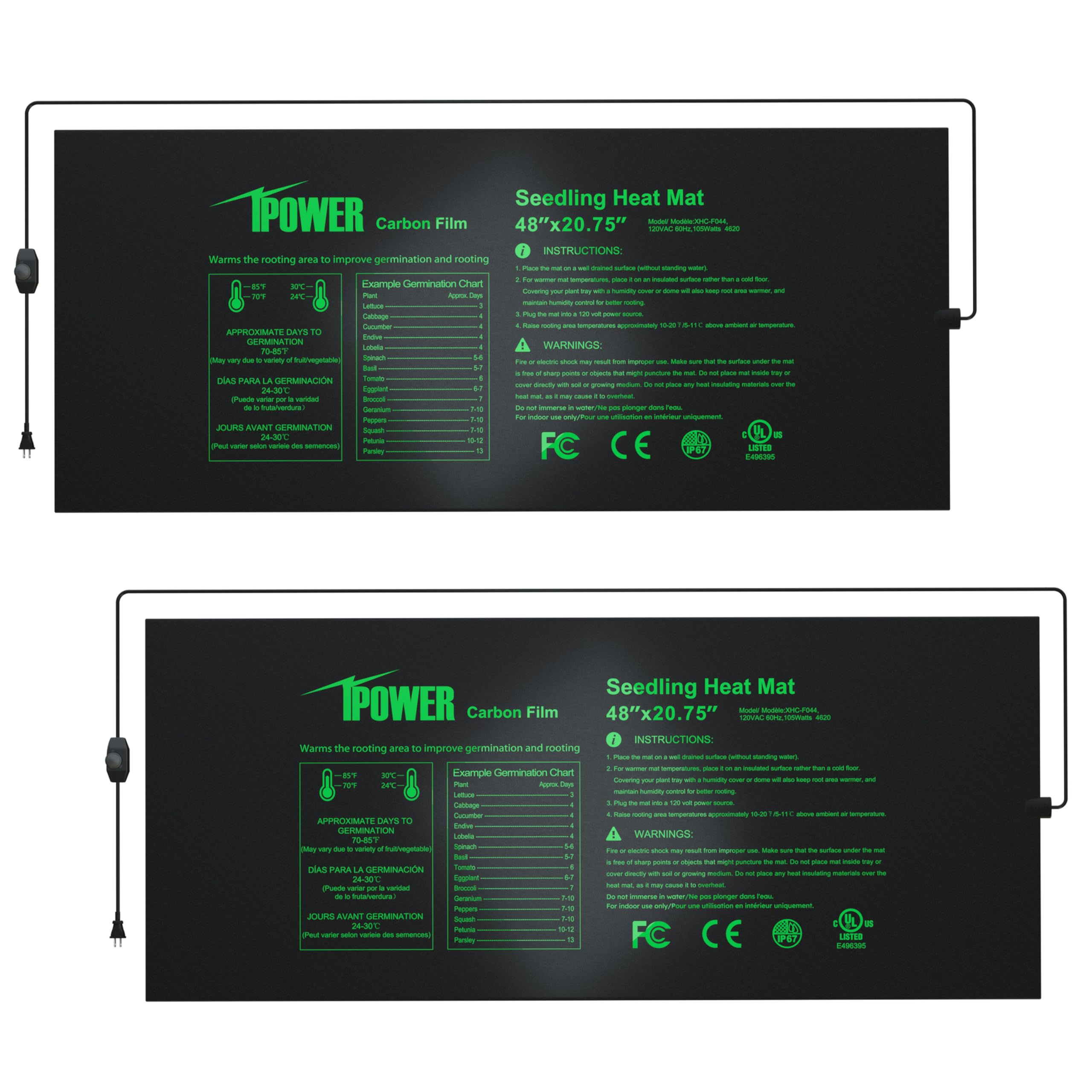 iPower 2 Pack 48" x 20.75" Seeding Heat Mat with Thermostat Temperature Adjustable Knob Durable Warm Hydroponic Plant Germination Starting Pad, Black Image