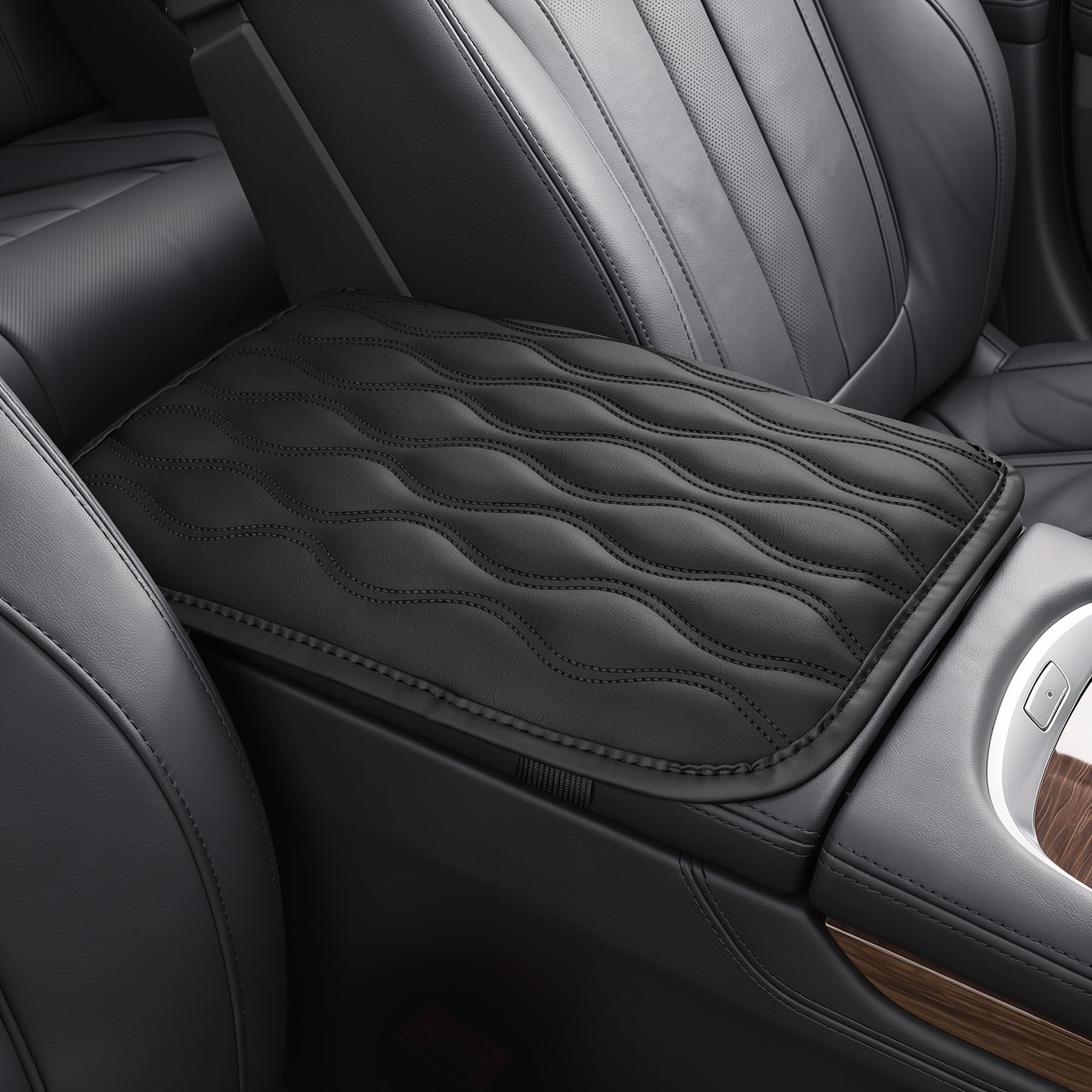 Amiss Car Center Console Cover, Upgraded Leather Car Armrest Cushion, Universal Waterproof Cushion Pad, Non-Slip Car Interior Accessories, Fits Most Sedans SUVs Trucks (Black)