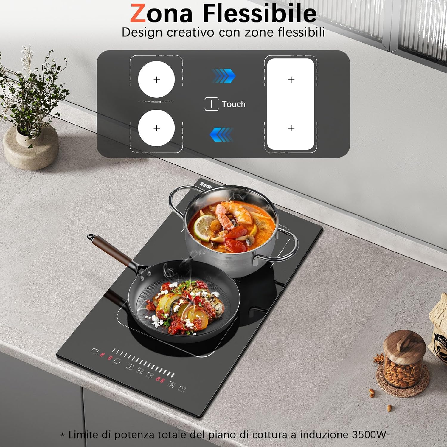 Illustration of the flexible zone feature on the Karinear induction hob, showing how two zones can combine for larger cookware.