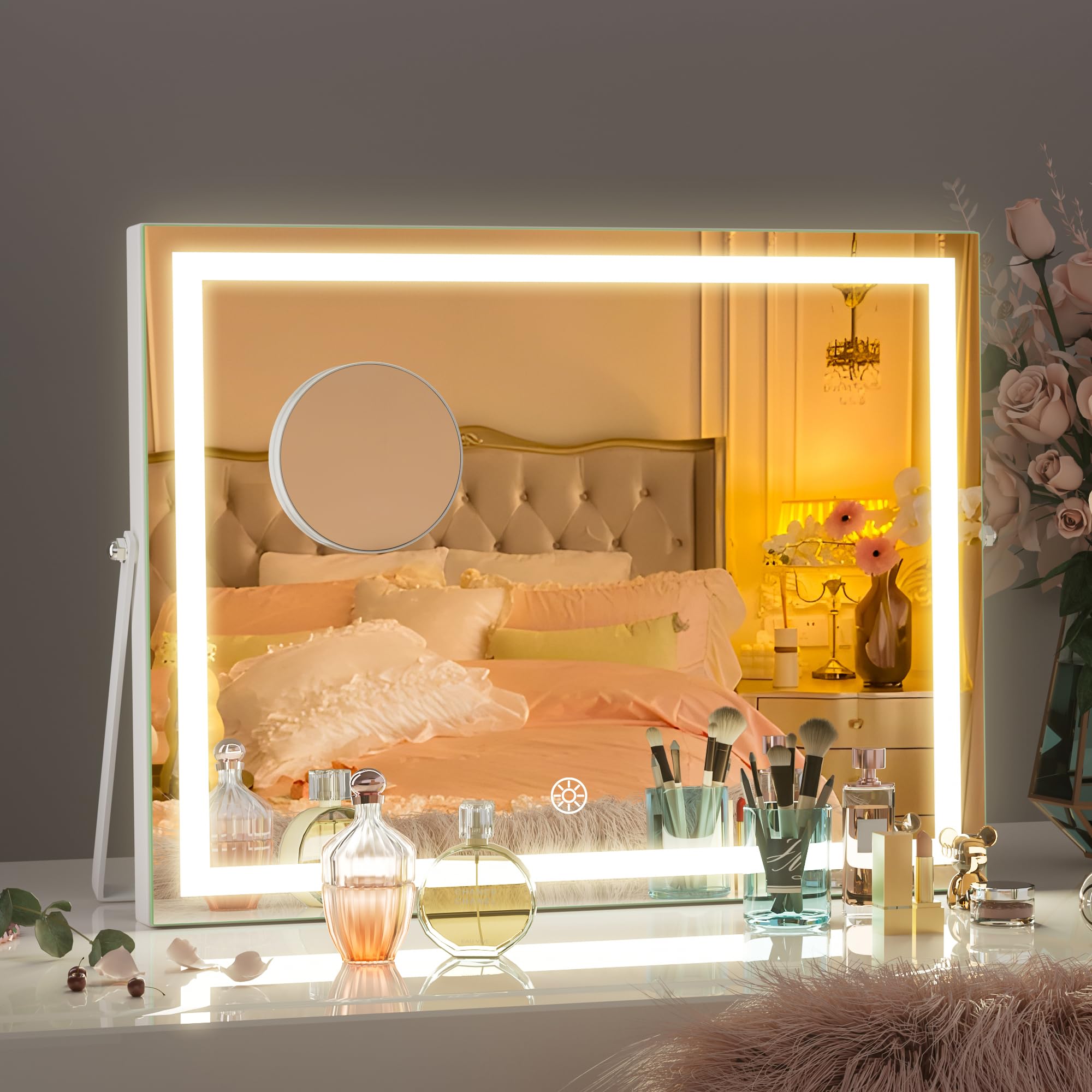 Photo 1 of Hasipu Vanity Mirror with Lights, 14" x 11" LED Makeup Mirror, 3 Modes Light, Smart Touch Control Dimmable, 360°Rotation, Rectangle White Frame, with 5X Magnifying Glass