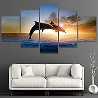 SIGNWIN Framed Canvas Wall Art Two Jumping Dolphins at Sunset Coastal Ocean Photography Modern Art Contemporary Panoramic Relax/Calm for Living Room, Bedroom, Office - 60