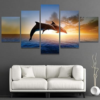SIGNWIN Framed Canvas Wall Art Two Jumping Dolphins...