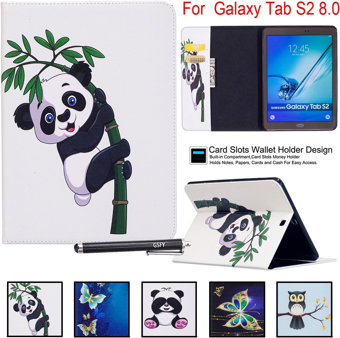 Galaxy Tab S2 9.7 Case, Newshine PU Leather Folio Protective Tablet Case with Card Slots [Multi-Stand View Angles] for Samsung Galaxy Tab S2 9.7 inch SM-T815/T810, Bamboo Panda
