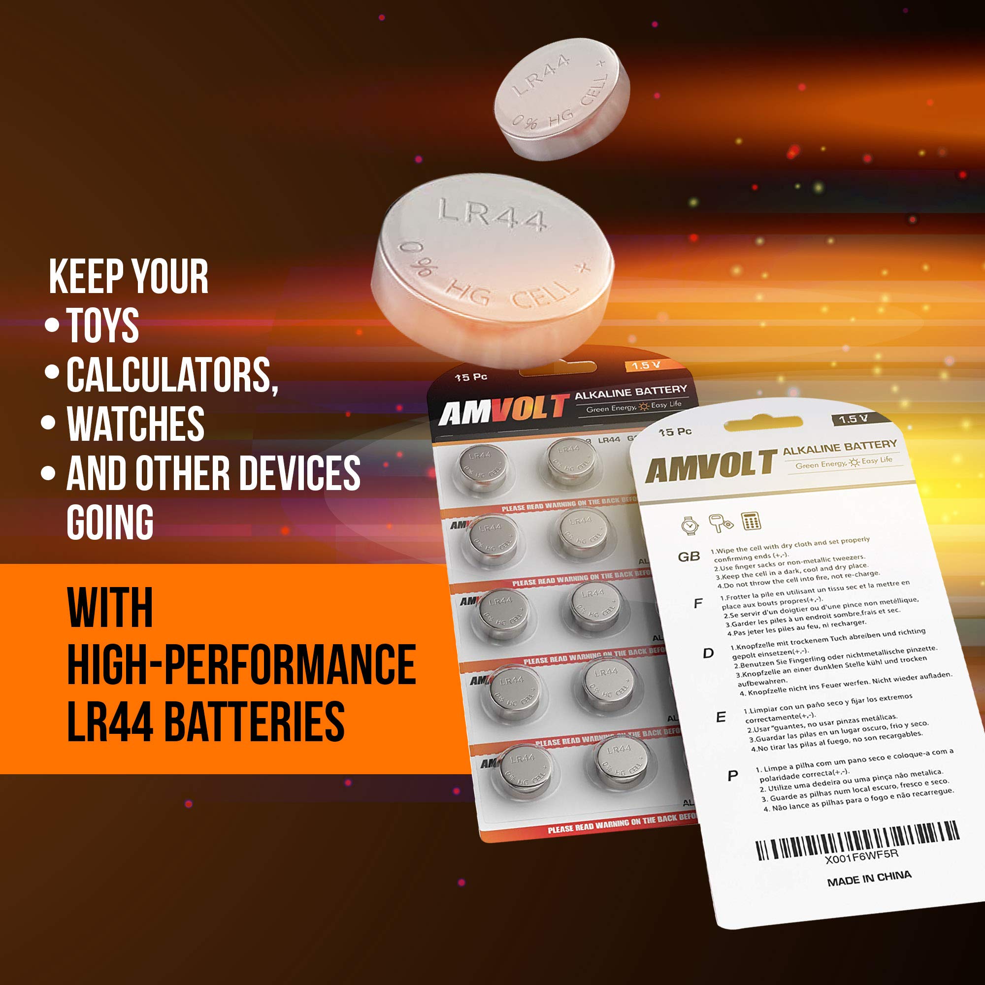 AmVolt- Pack of 15 LR44 Batteries AG13 SR44 357 303 Premium Alkaline Non Rechargeable Button Battery, 1.5 Volt Small Batteries for Watches Clocks & Electronic Devices