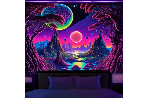 Manicer Blacklight Galaxy Moon Tapestry - Alien Landscape, UV Reactive Neon Mountain Forest, Space Fantasy Plants Wall Hangin