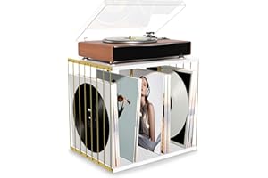 Emfogo Vinyl Record Storage, Metal & Wooden Vinyl Record Holder Up to 80 Album, 3-Compartment Record Player Stand for Magazine, Book, Files, Albums (White)