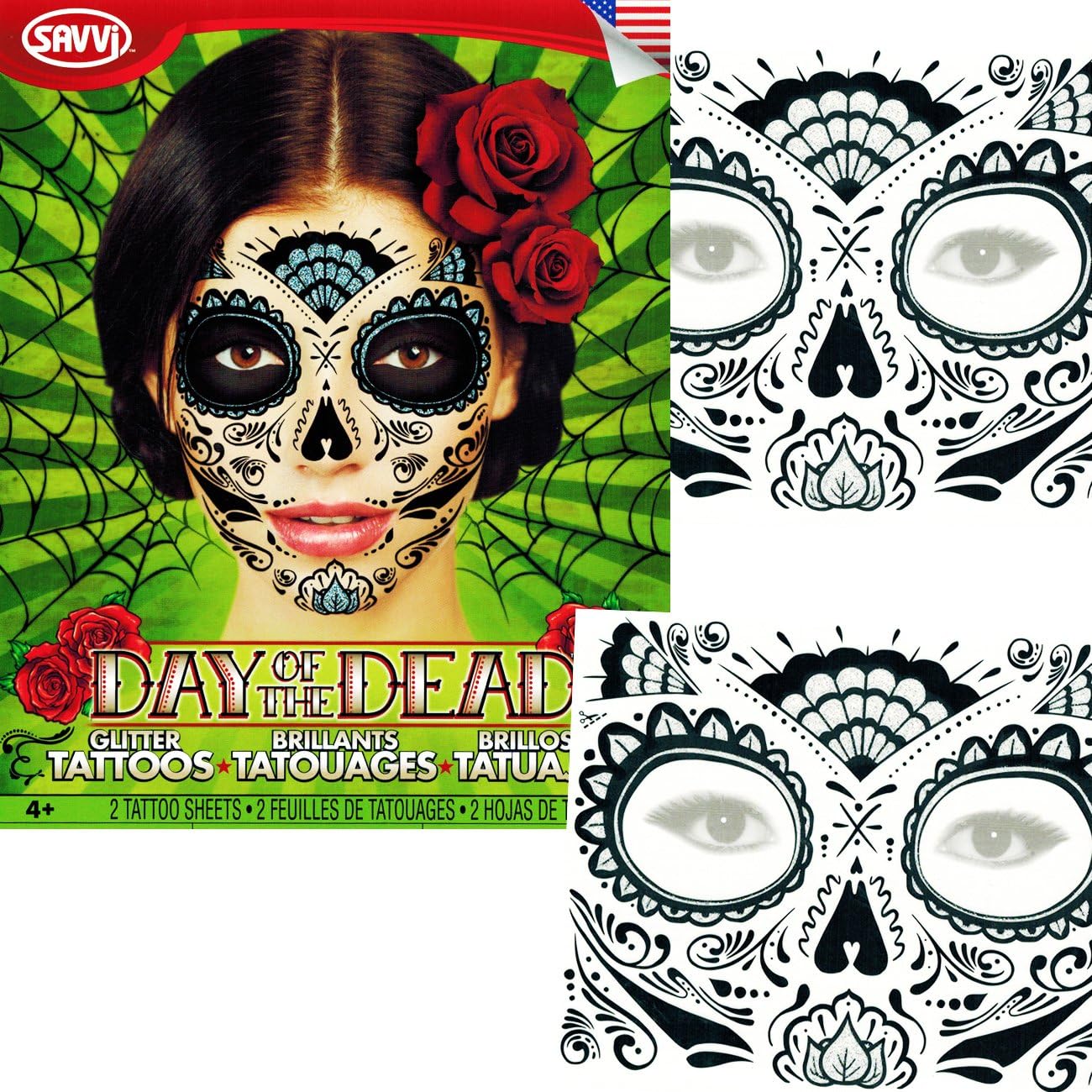 Sugar Skull Temporary Tattoos Costume Kit (Set of 2 Day of the Dead Tattoos, Glitter Web Design)