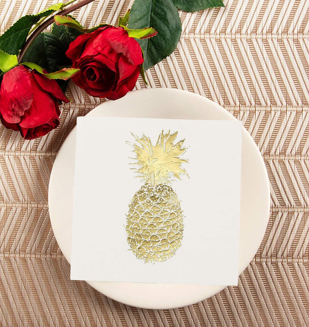 50 Pack Decorative Dinner Napkins - Disposable Paper Party Napkins with Gold Foil Pineapple, Perfect for Anniversary Decorations, Birthday Party Supplies, 6.5 x 6.5 Inches Folded, Gold and White - Image 4
