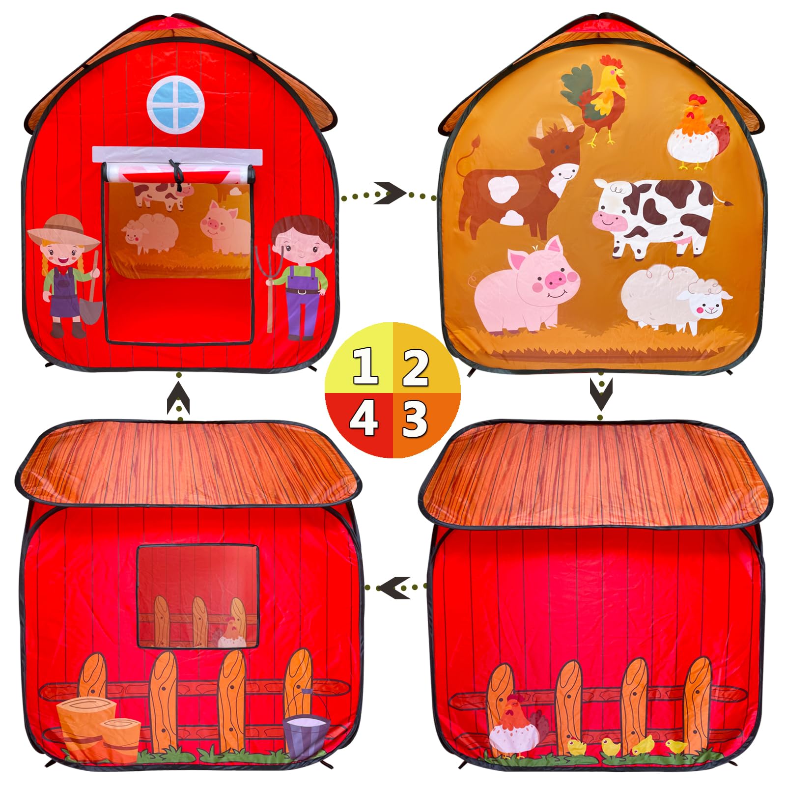 Kids Play Tent, Pop Up Barn for Kids, Indoor Outdoor Folding Portable Playhouse for Boys and Girls