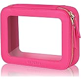 MSTONAL Clear Makeup Bag, Travel Toiletry Bag Cosmetic Case for Women, Waterproof Portable Make Up Skincare Pouch with Zipper, Compact Car Organizer Bag for Essentials, Medium Size, Hot Pink
