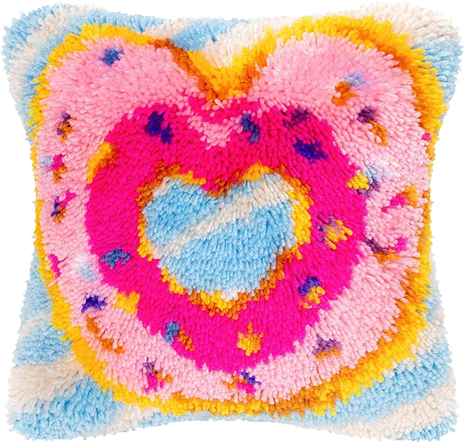 ROCKY&CHAO Myriad Choices Latch Hook Kits DIY Pillow Case Cover Craft Kits, Embroidery Carpet Set Needlework Cross Stitch Kit, Look Hook Cushion Cover Kits 17x17 inch Pink Heart