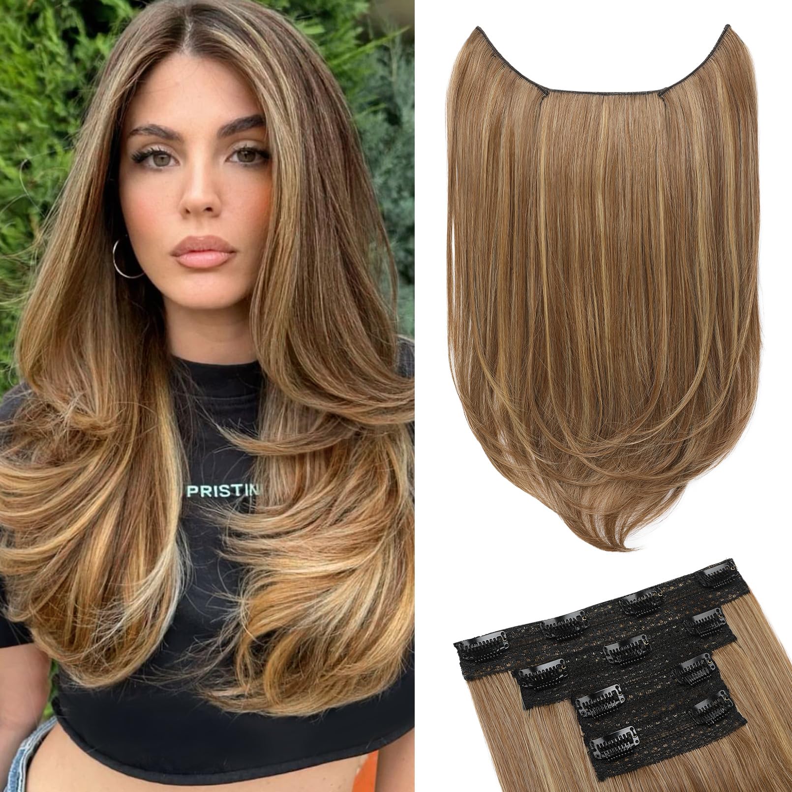 Photo 1 of NTYNTY Hair Extensions, 4PCS 18" Clip in Hair Extensions Layered Cut Natural Lightweight Hairpieces with Thinner Softer Invisible Weft for Women - Light Brown with Highlights