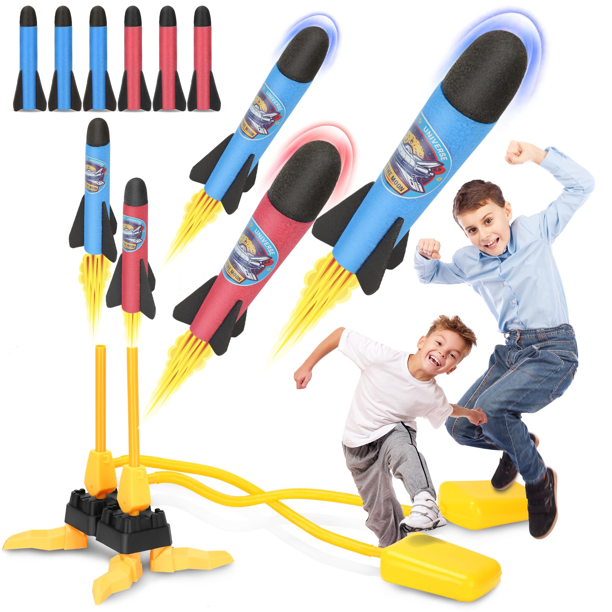 Milifox Double Player Foam Rocket Launcher,Air Powered Toy Rocket Launcher for Kids,Outdoor Garden Rocket Toy for Boys Age 3-4 Years,Sturdy Gift for Kids,6 pcs Foam Rockets