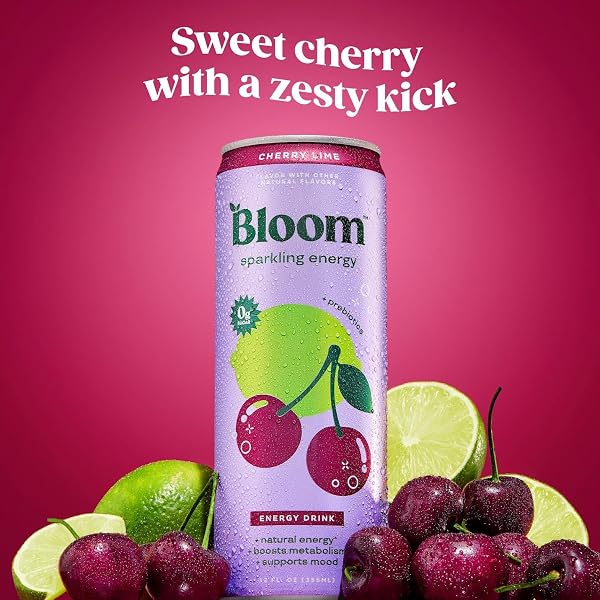 BLOOM NUTRITION SPARKLING ENERGY DRINK – NATURAL CAFFEINE, ZERO SUGAR, 180MG CAFFEINE – ANTIOXIDANT-RICH W/GREEN COFFEE BEAN, GREEN TEA EXTRACT, PREBIOTICS – CHERRY LIME – 12OZ 12 PK
