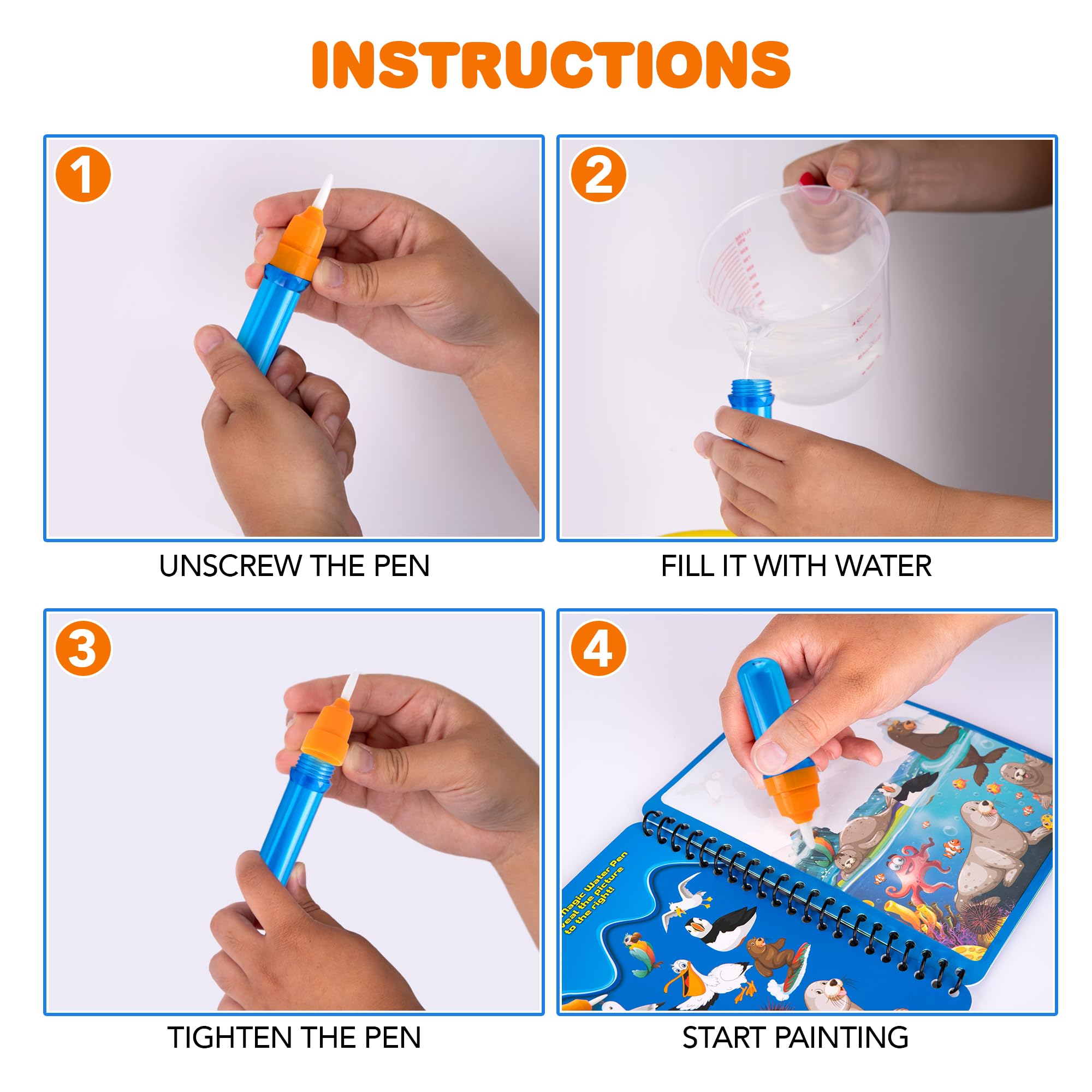 ArtCreativity 4 Pack Magic Water Coloring Books for Toddlers, Reusable Magic Water Pen Coloring Books for Kids - Mess Free Water Art Book for Toddlers - Travel Activity Toys, No-Mess Coloring