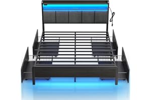 Rolanstar Bed Frame Queen Size with Charging Station and LED Lights, Upholstered Storage Headboard with Drawers, Heavy Duty Metal Slats, No Box Spring Needed, Noise Free, Easy Assembly, Dark Grey