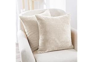 Deconovo Throw Pillow Covers Corduroy 18x18 Inch Cream Stripe Pattern Square Soft Cushion Covers for Couch Bedroom Sofa Living Room Bed Chair Solid Pack of 2