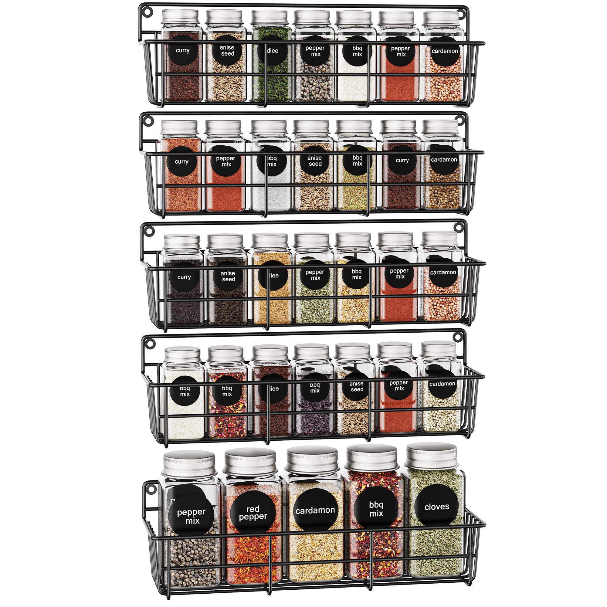 5 Pack Spice Rack Seasoning Organizer Wall Mount, Screw or Adhesive Hanging Shelf Basket Spice Organizer Shelf for Kitchen, Black