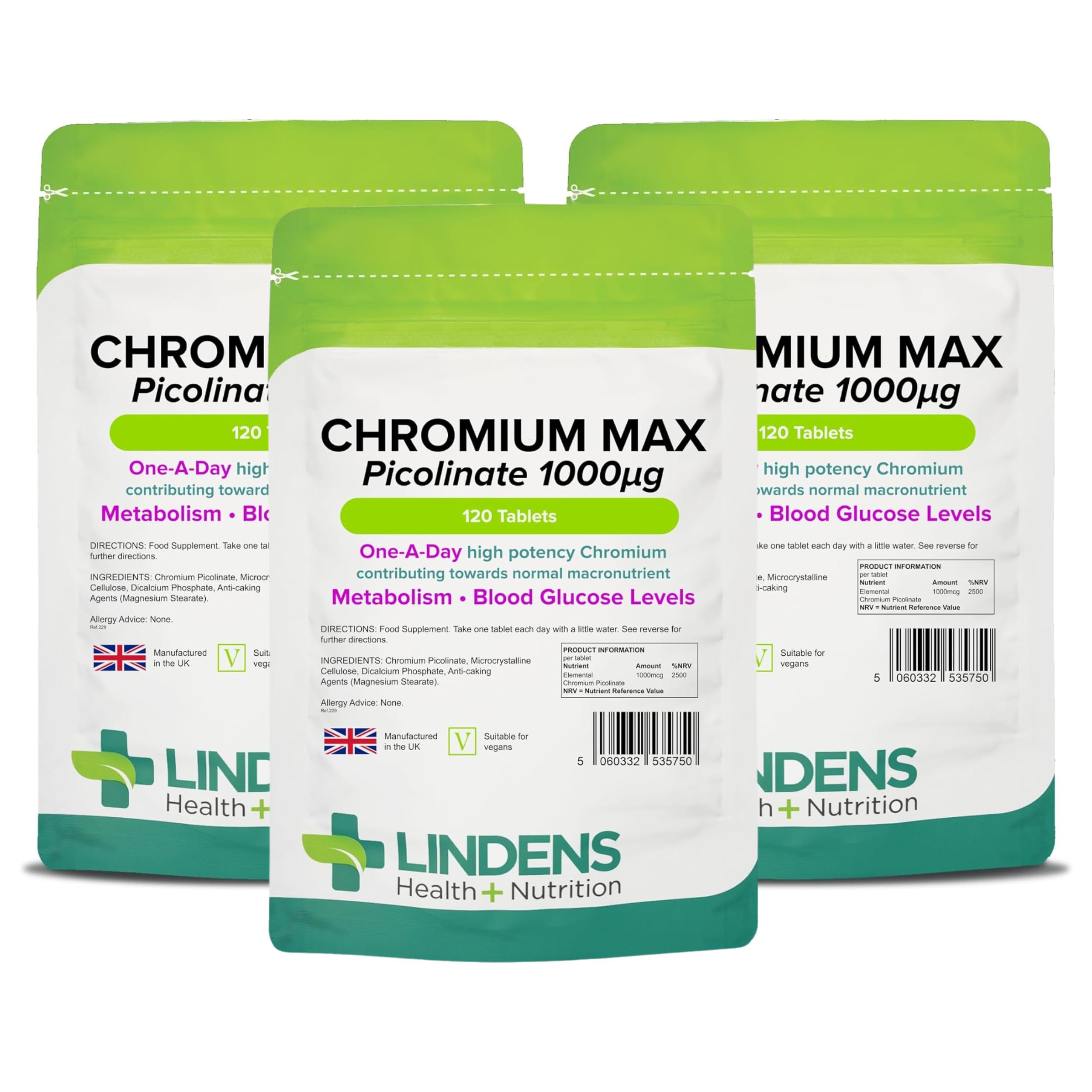 Lindens Chromium Max 1000mcg Picolinate - 360 Vegan Tablets | Normal Blood Sugar Levels, Metabolism | Mega Potency (2500% NRV) | 12 Months Supply, UK Manufacturer, Letterbox Friendly