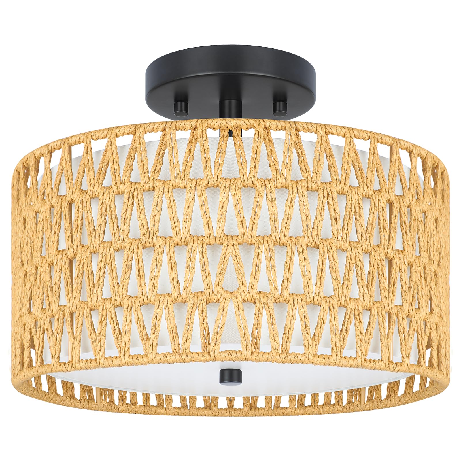SunRider Semi Flush Mount Ceiling Light Fixture, 3-Light Farmhouse Woven Rattan and Fabric Shade Drum Light, Boho Rattan Lamp for Bedroom Foyer Porch