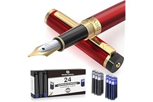 Dryden Designs Medium Nib Fountain Calligraphy Pen |12 Black & 12 Blue with Ink Refill Converter| No Leak, Smooth Flow, Consistent Writing | Left-and Right-Handed | Royal Red