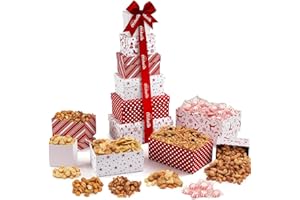 SIMPLE ORCHARDS Gift Basket Tower with Fresh Nuts & Snacks, Gourmet Cravings Indulgence - 6 Tier Food Basket Gift Set, Great Gift Present for Men & Women.