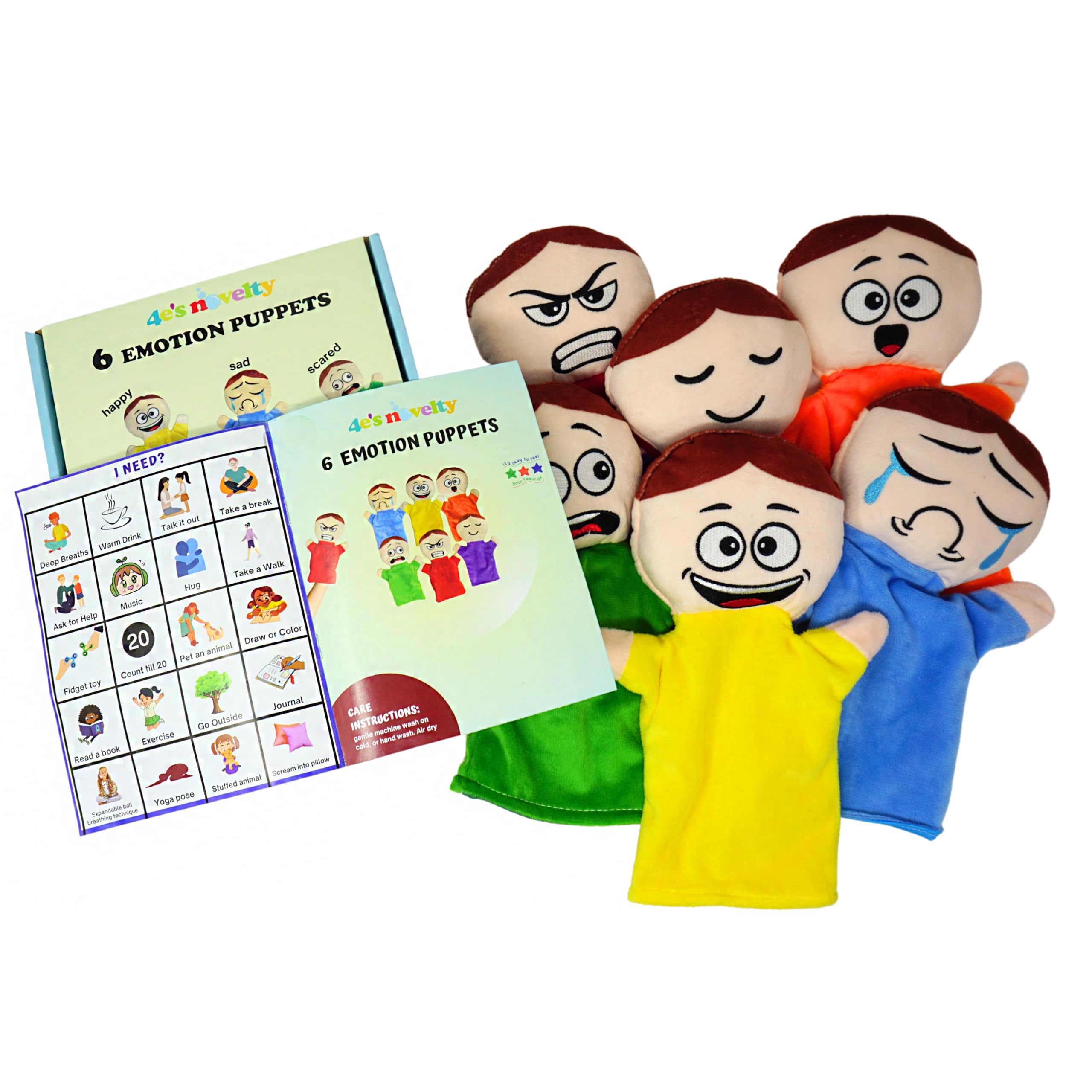 4E's Novelty Feeling Hand Puppets for Kids with 6 Emotions, with Moveable Arms, Soft Plush Hand Puppets for Toddlers, Early Education Toys, Social Emotional Learning Activities - Pack of 6
